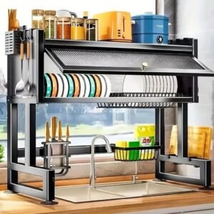 Over‑the‑Sink Kitchen Storage Rack with Anti‑Dust Cover